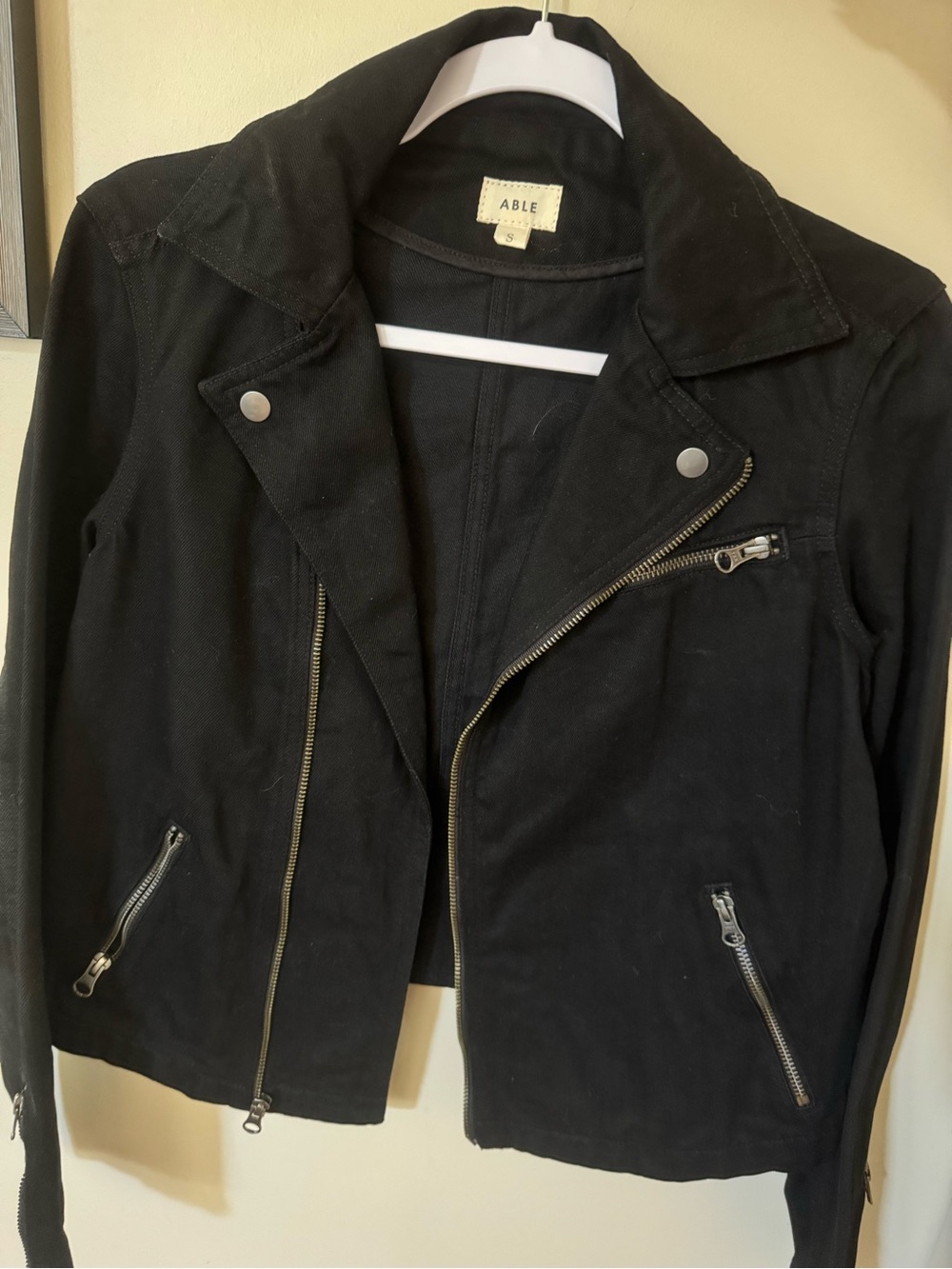 ABLE Black Asymmetrical Moto Jacket with Silver Hardware
